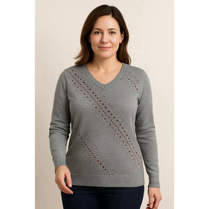 Womens LOLA B Gray V-Neck Sweater Red Embellished Studded Knit Lg Y2K Soft Glam